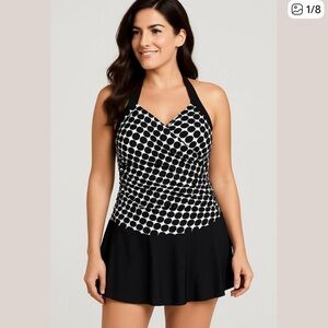 Plus Size Black Polka Dot Halter Swimdress